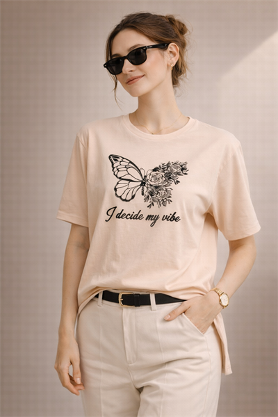 Kadın Regular Baskılı Bej Tişört Pamuklu Rahat Kesim Günlük Şık T-Shirt