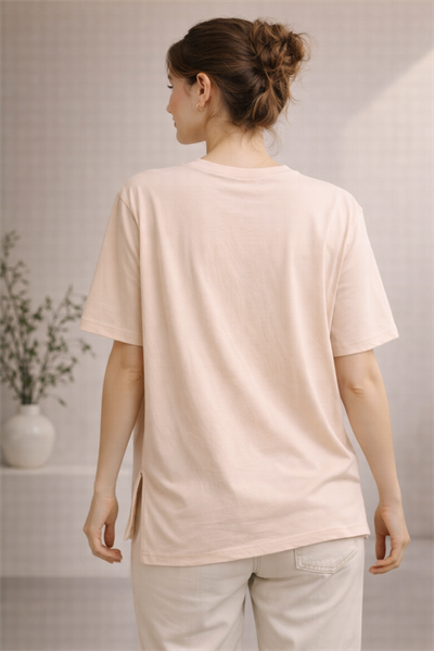 Kadın Regular Baskılı Bej Tişört Pamuklu Rahat Kesim Günlük Şık T-Shirt