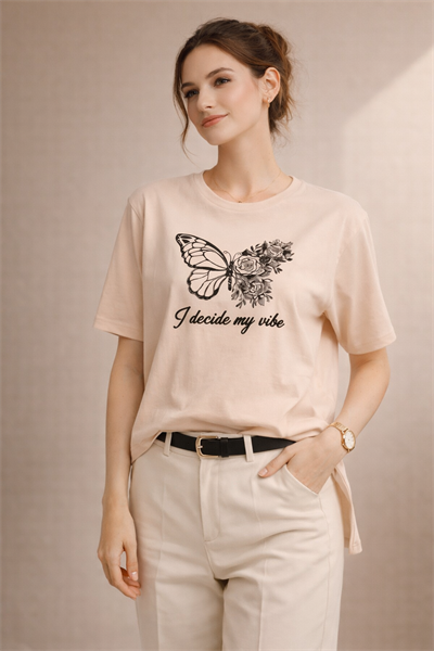 Kadın Regular Baskılı Bej Tişört Pamuklu Rahat Kesim Günlük Şık T-Shirt