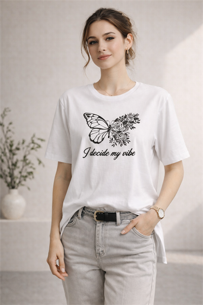 Kadın Regular Baskılı Beyaz Tişört Pamuklu Rahat Kesim Günlük Şık T-Shirt