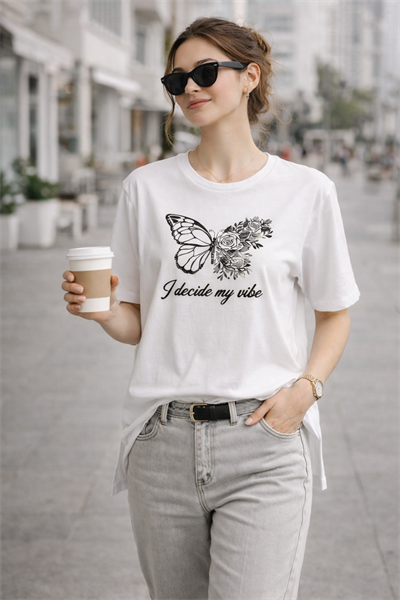 Kadın Regular Baskılı Beyaz Tişört Pamuklu Rahat Kesim Günlük Şık T-Shirt