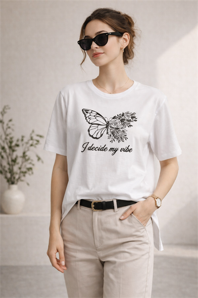 Kadın Regular Baskılı Beyaz Tişört Pamuklu Rahat Kesim Günlük Şık T-Shirt