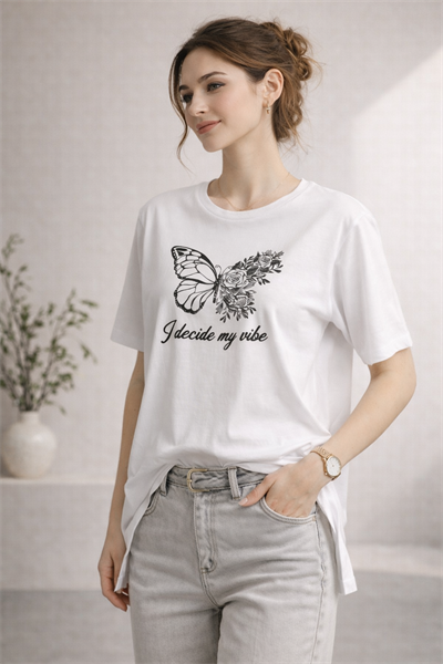 Kadın Regular Baskılı Beyaz Tişört Pamuklu Rahat Kesim Günlük Şık T-Shirt