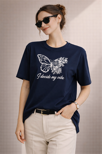 Kadın Regular Baskılı Lacivert Tişört Pamuklu Rahat Kesim Günlük Şık T-Shirt