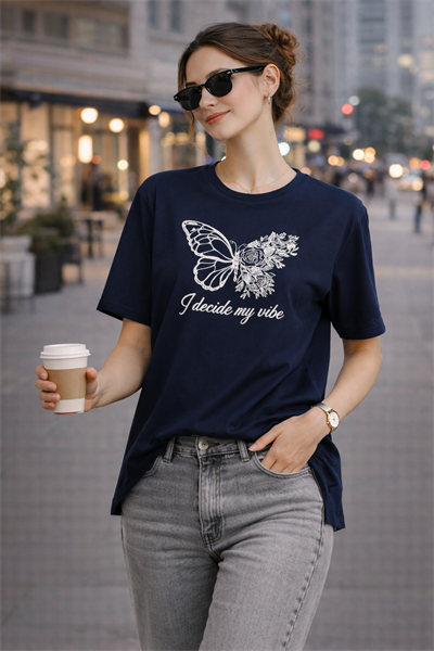 Kadın Regular Baskılı Lacivert Tişört Pamuklu Rahat Kesim Günlük Şık T-Shirt