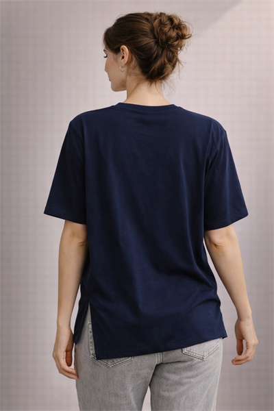 Kadın Regular Baskılı Lacivert Tişört Pamuklu Rahat Kesim Günlük Şık T-Shirt