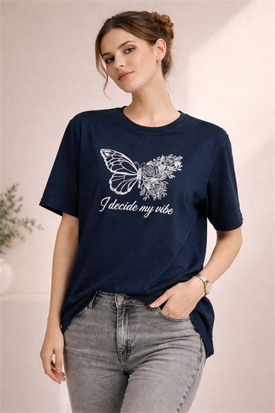 Kadın Regular Baskılı Lacivert Tişört Pamuklu Rahat Kesim Günlük Şık T-Shirt