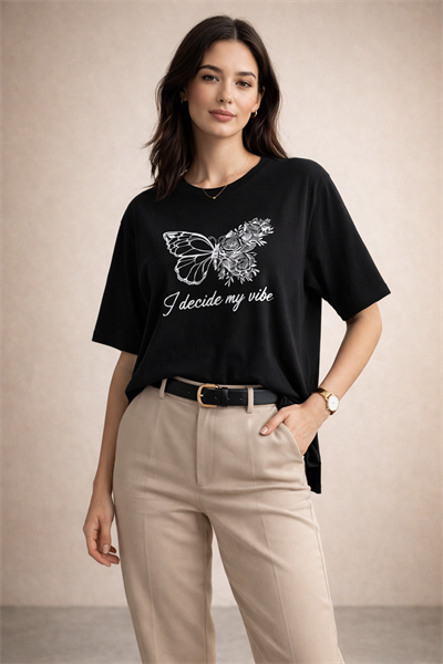 Kadın Regular Baskılı Siyah Tişört Pamuklu Rahat Kesim Günlük Şık T-Shirt