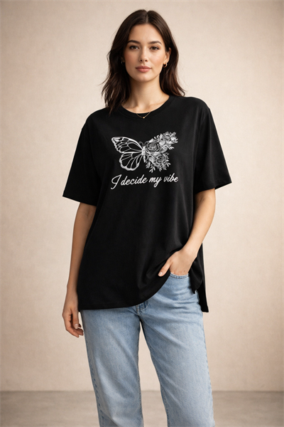 Kadın Regular Baskılı Siyah Tişört Pamuklu Rahat Kesim Günlük Şık T-Shirt