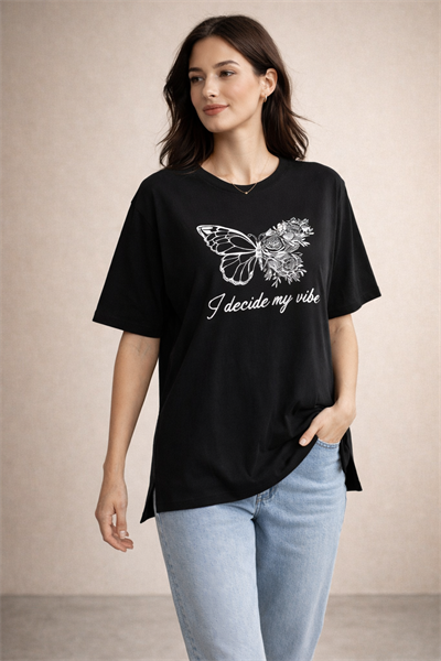 Kadın Regular Baskılı Siyah Tişört Pamuklu Rahat Kesim Günlük Şık T-Shirt