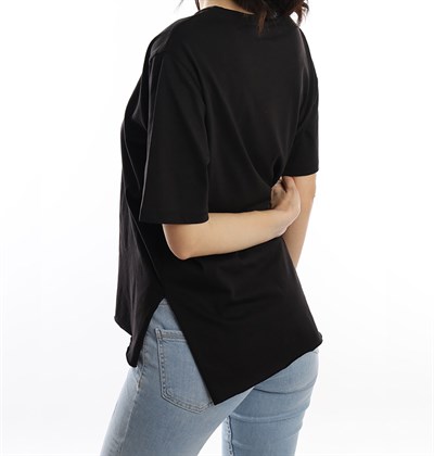 Kadın Regular Baskılı Siyah Tişört Pamuklu Rahat Kesim Günlük Şık T-Shirt