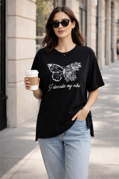 Kadın Regular Baskılı Siyah Tişört Pamuklu Rahat Kesim Günlük Şık T-Shirt