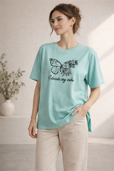 Kadın Regular Baskılı Turkuaz Tişört Pamuklu Rahat Kesim Günlük Şık T-Shirt