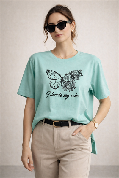 Kadın Regular Baskılı Turkuaz Tişört Pamuklu Rahat Kesim Günlük Şık T-Shirt