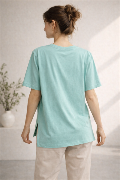 Kadın Regular Baskılı Turkuaz Tişört Pamuklu Rahat Kesim Günlük Şık T-Shirt