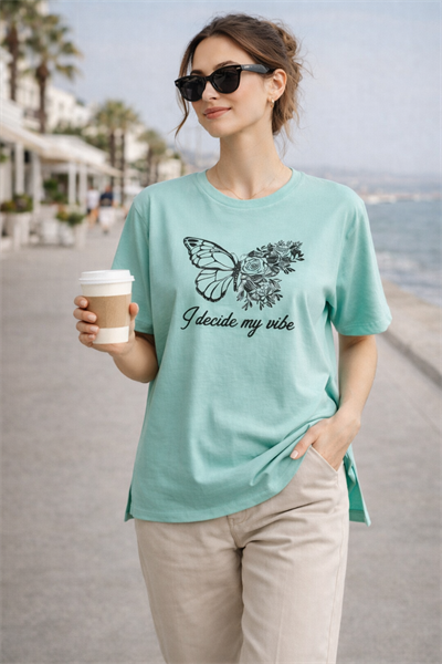 Kadın Regular Baskılı Turkuaz Tişört Pamuklu Rahat Kesim Günlük Şık T-Shirt