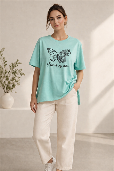 Kadın Regular Baskılı Turkuaz Tişört Pamuklu Rahat Kesim Günlük Şık T-Shirt