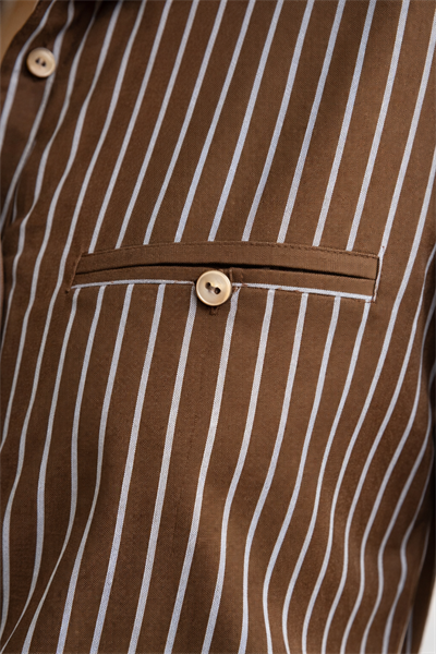 Kadın Regular Fit Mavi Çizgili Cep Detaylı Kahverengi Gömlek