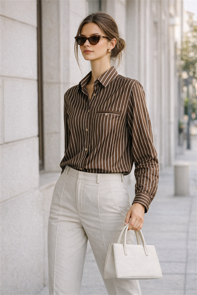 Kadın Regular Fit Mavi Çizgili Cep Detaylı Kahverengi Gömlek