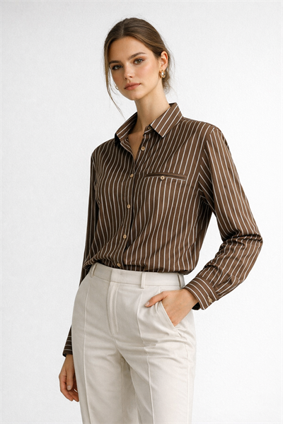 Kadın Regular Fit Mavi Çizgili Cep Detaylı Kahverengi Gömlek