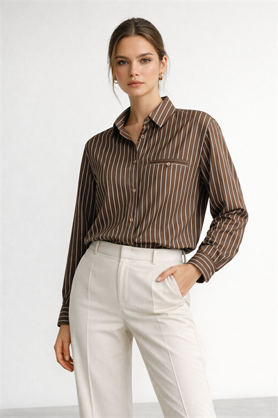 Kadın Regular Fit Mavi Çizgili Cep Detaylı Kahverengi Gömlek