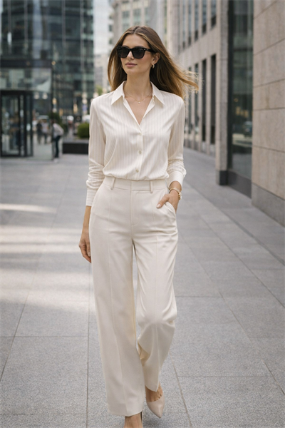 Kadın Regular Fit Gold Çizgili Klasik Gömlek Ekru