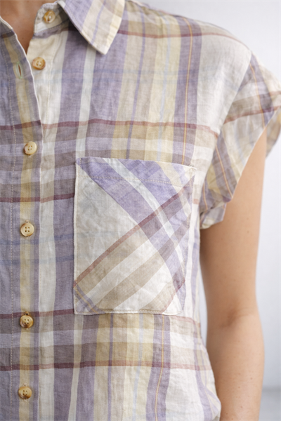 Kadın Relax Fit Çift Cepli Ekru Ekose Yazlık Gömlek