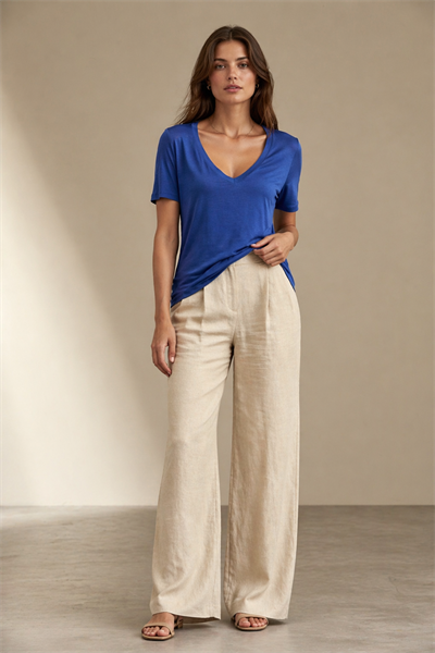 Kadın Saks V Yaka Dökümlü Basic Tişört İpeksi Yumuşak Kumaş