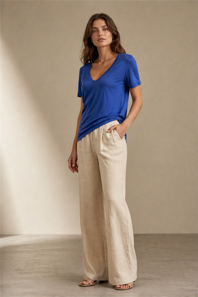 Kadın Saks V Yaka Dökümlü Basic Tişört İpeksi Yumuşak Kumaş