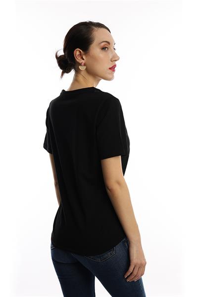 Kadın V Yaka Sardinia Baskılı Regular Fit Tişört Siyah