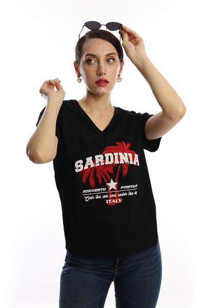 Kadın V Yaka Sardinia Baskılı Regular Fit Tişört Siyah