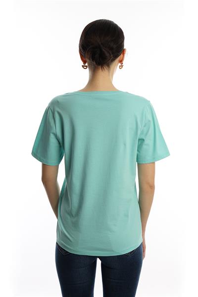 Kadın V Yaka Sardinia Baskılı Regular Fit Tişört Turkuaz