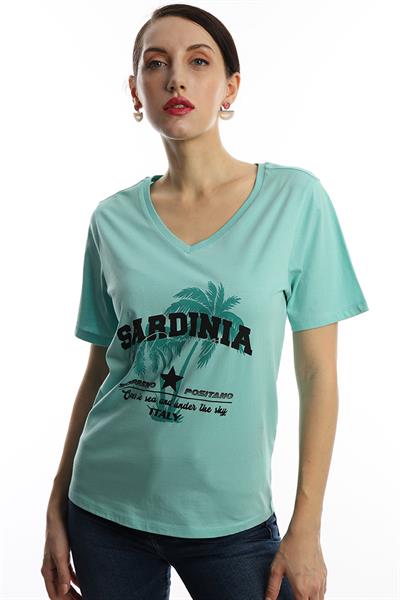 Kadın V Yaka Sardinia Baskılı Regular Fit Tişört Turkuaz