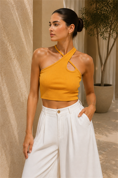 Kadın Sarı Çapraz Halter Yaka Damla Detaylı Fitilli Crop Top