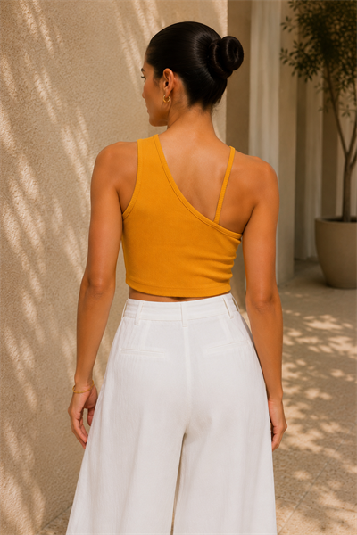 Kadın Sarı Çapraz Halter Yaka Damla Detaylı Fitilli Crop Top