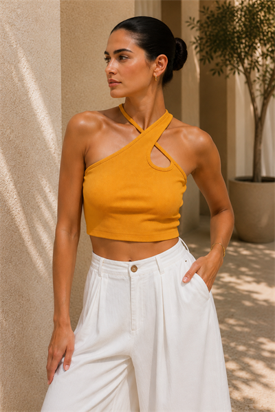 Kadın Sarı Çapraz Halter Yaka Damla Detaylı Fitilli Crop Top