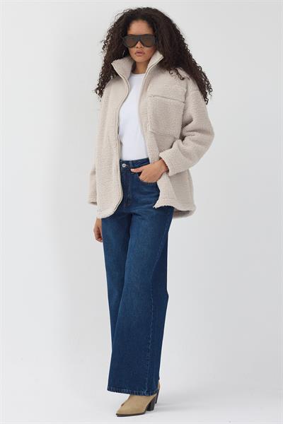 Kadın Sherpa Peluş Ceket Mont Taş