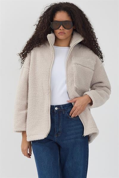 Kadın Sherpa Peluş Ceket Mont Taş