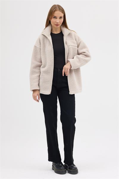 Kadın Sherpa Peluş Ceket Mont Taş