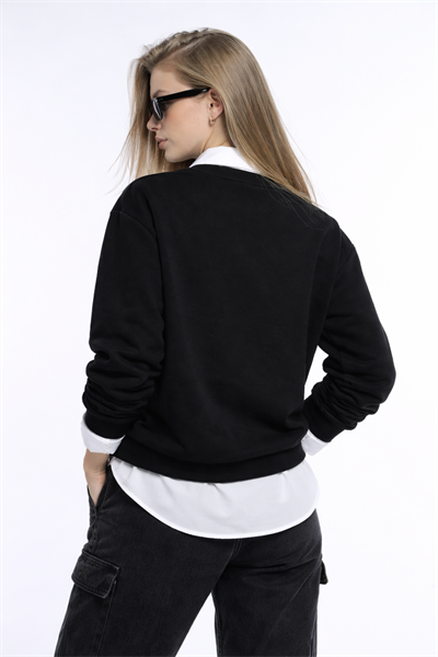 Kadın Siyah 3 İplik Şardonsuz Bisiklet Yaka Regular Fit Sweatshirt