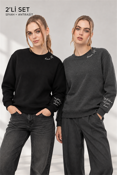 Kadın Siyah Antra 2’li Şardonlu Nakışlı Sweatshirt Seti
