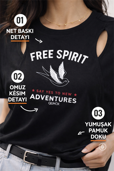 Kadın Siyah Baskılı Oversize Tişört Omuz Dekolteli Rahat Kesim Günlük Tişört