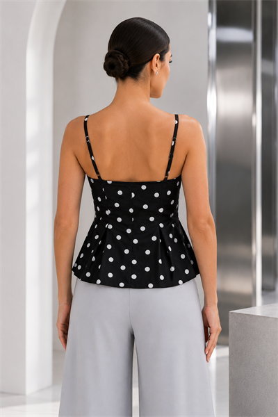 Kadın Siyah Beyaz Puantiyeli İnce Askılı Korse Formlu Peplum Bluz