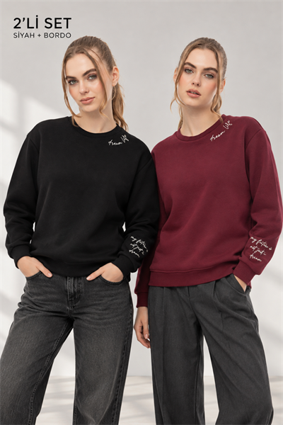 Kadın Siyah Bordo 2’li Şardonlu Nakışlı Sweatshirt Seti