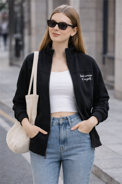 Kadın Siyah Fermuarlı Sweat Ceket – Regular Fit Günlük Spor Eşofman Üstü