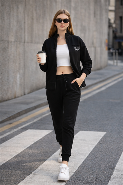 Kadın Siyah Fermuarlı Sweat Ceket – Regular Fit Günlük Spor Eşofman Üstü