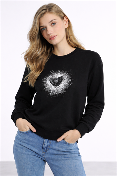 Kadın Siyah Kalp Baskılı Regular Sweatshirt Günlük Rahat Basic Sweat