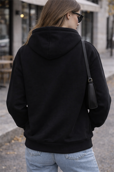 Kadın Siyah Kiraz Baskılı Oversize Kapüşonlu Sweatshirt Hoodie