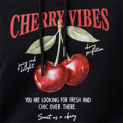 Kadın Siyah Kiraz Baskılı Oversize Kapüşonlu Sweatshirt Hoodie