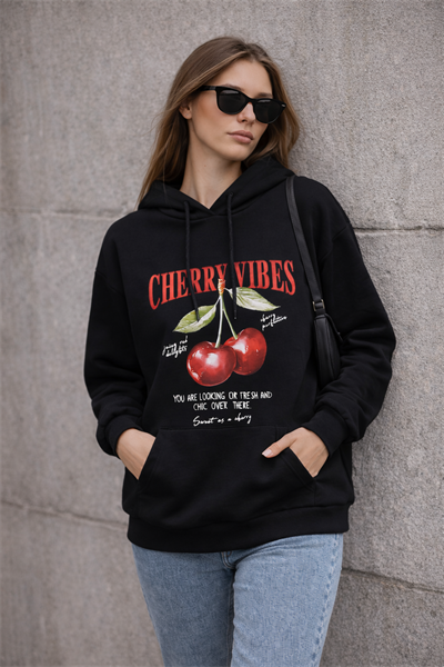 Kadın Siyah Kiraz Baskılı Oversize Kapüşonlu Sweatshirt Hoodie